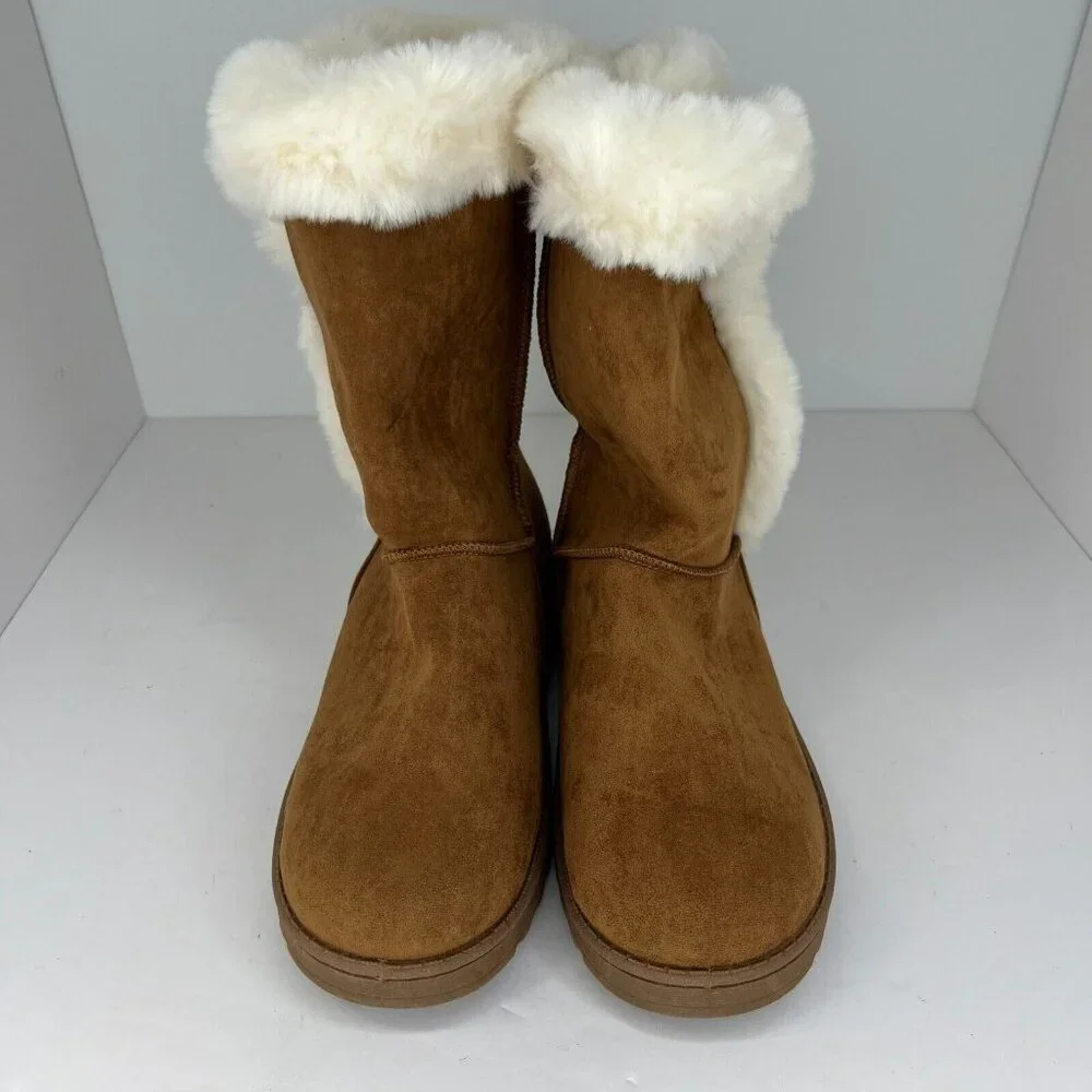 SO Womens Kohls Abigail Chestnut Brown Solid Faux Suede Fur Size 10 Winter Boots